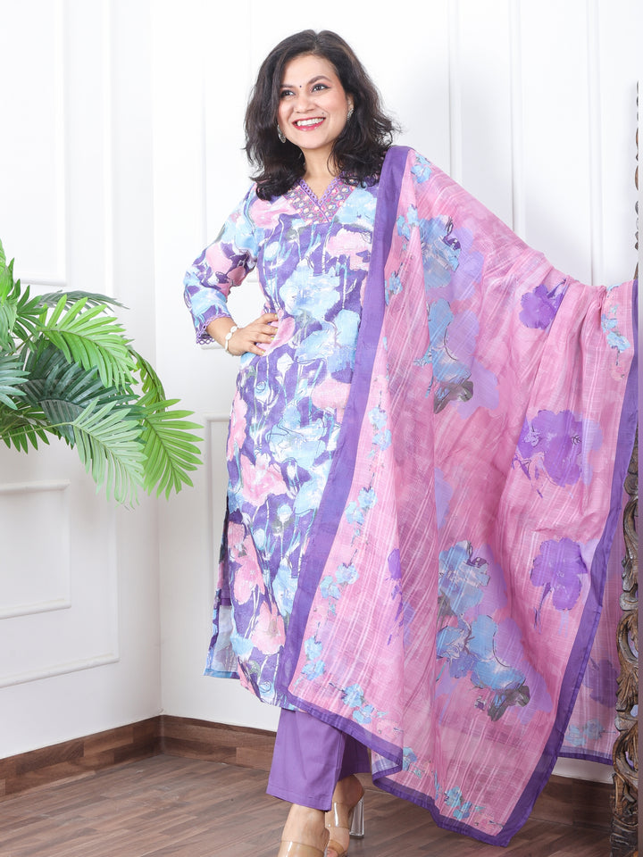 Subhranti Violet Purple V Neck Lace In Floral Printed Schiffli Cotton 3 Piece Set