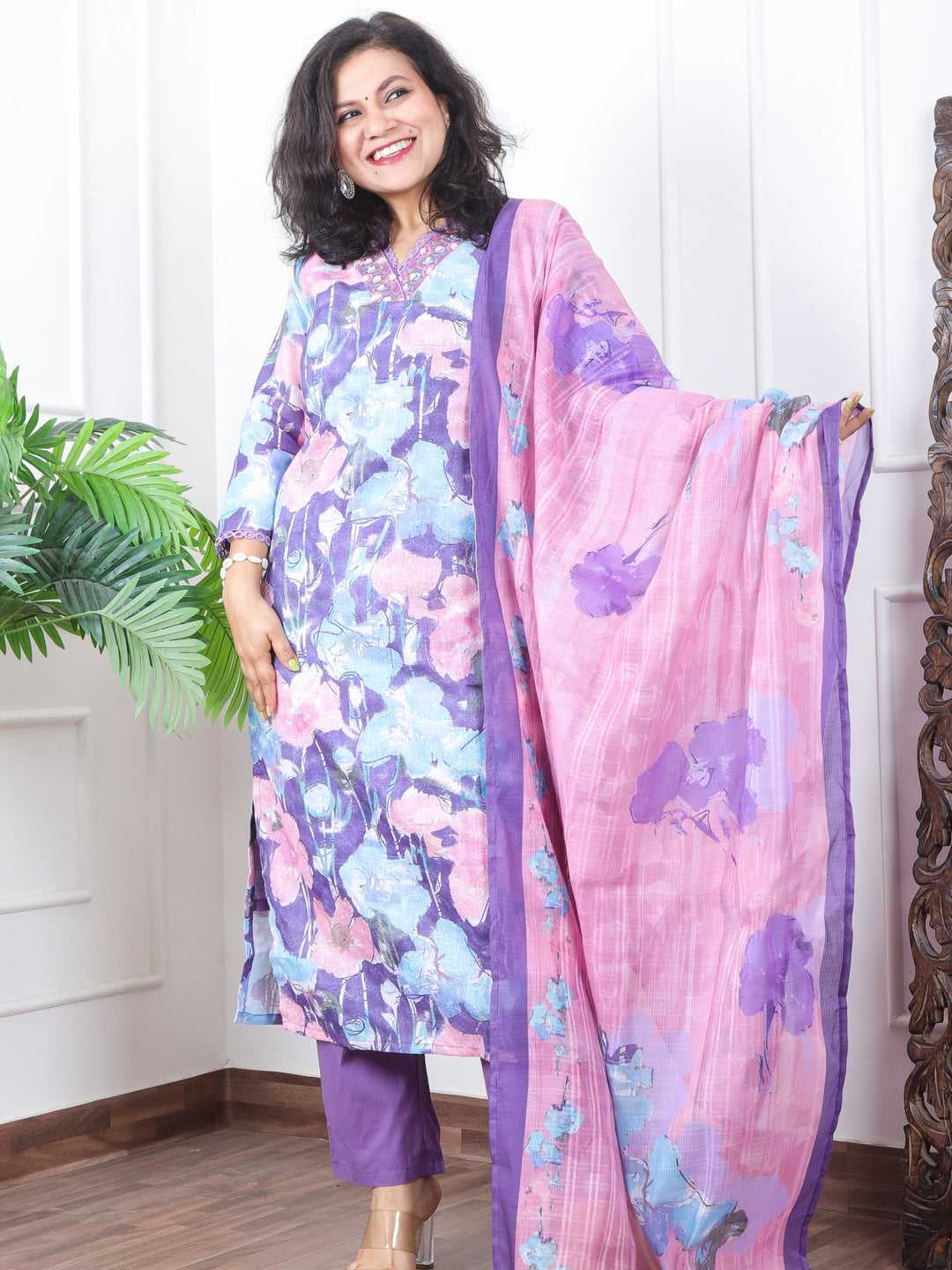 Subhranti Violet Purple V Neck Lace In Floral Printed Schiffli Cotton 3 Piece Set