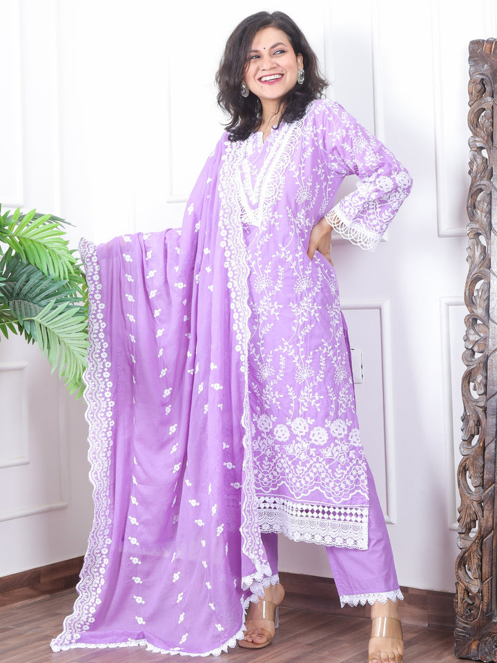 Subhranti Tulip Lilac Lace Neck Work in All Over Thread Work Cotton 3 Piece Set