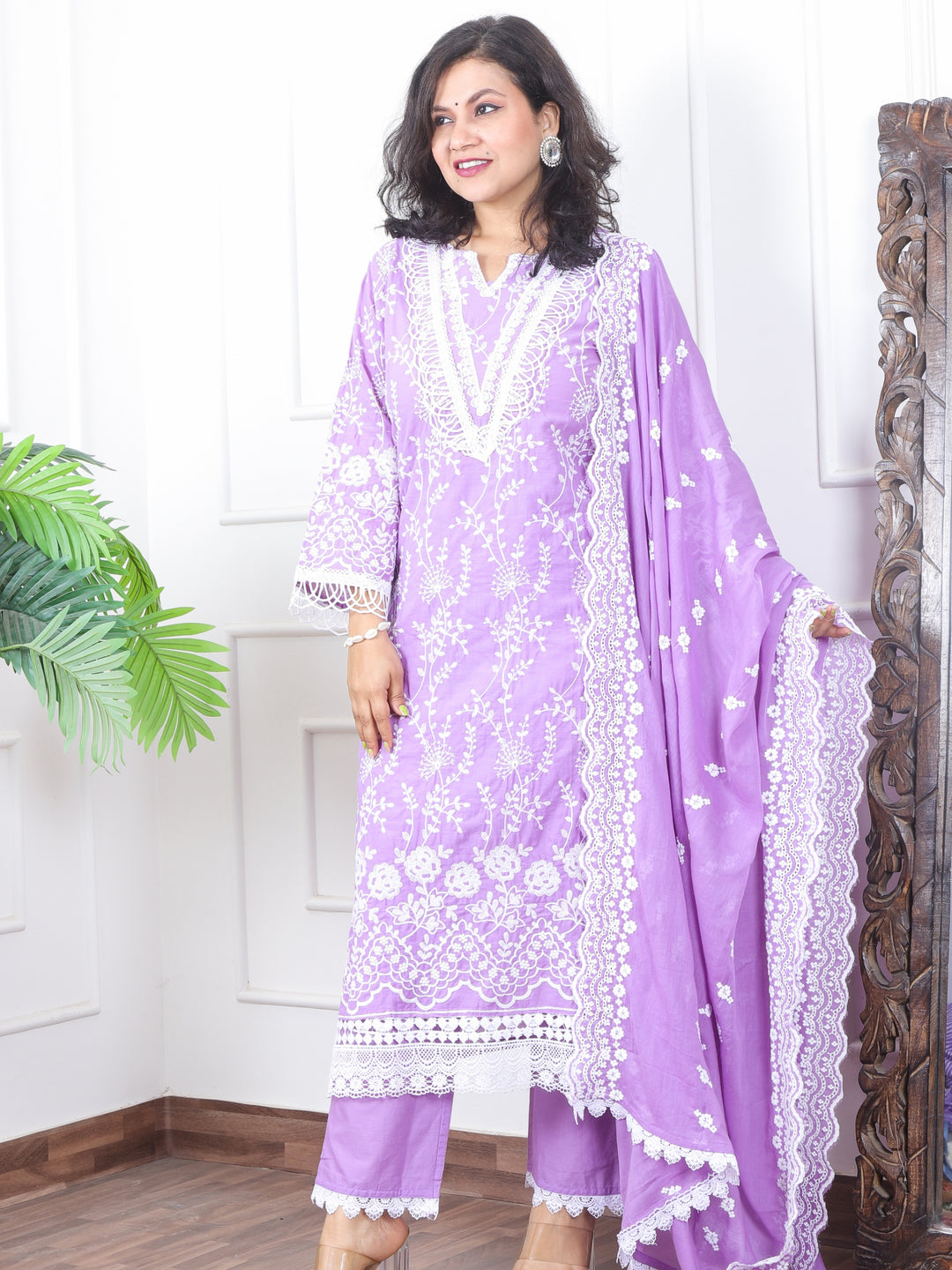 Subhranti Tulip Lilac Lace Neck Work in All Over Thread Work Cotton 3 Piece Set