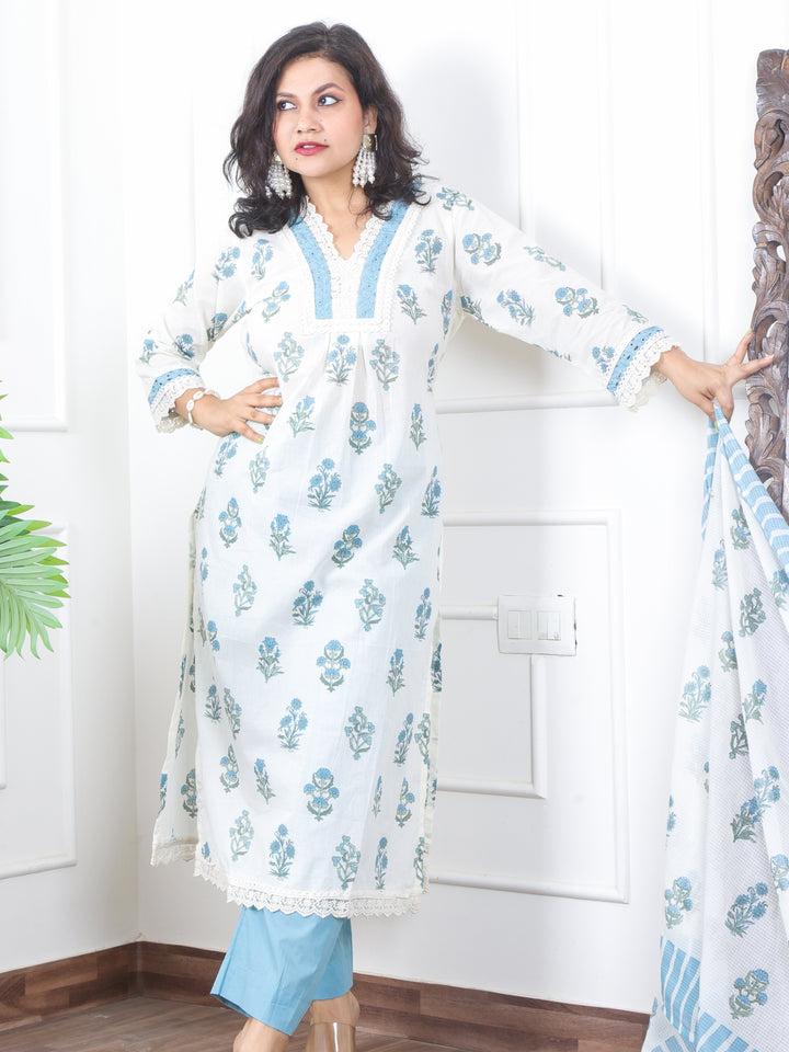 Subhranti Off-White V Neck Lace in All Over Floral Print Cotton 3 Piece Set