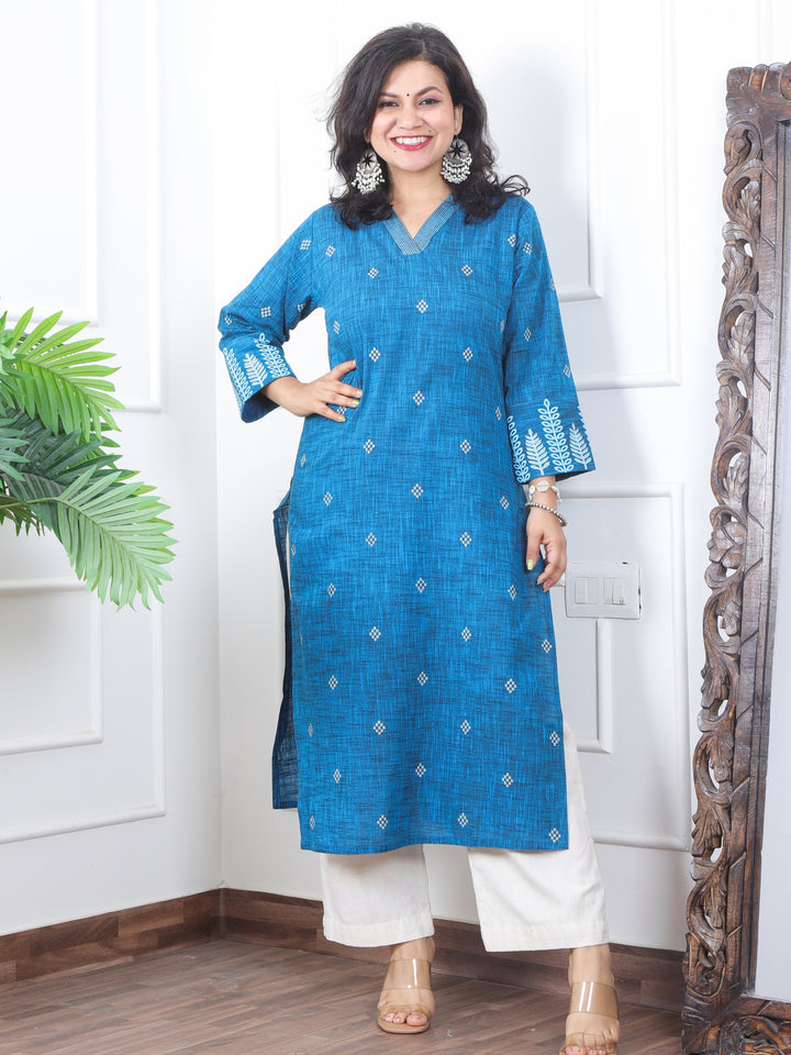 चांदनी Ceurlean Teal V Neck with Thread Buti Work Cotton Kurti