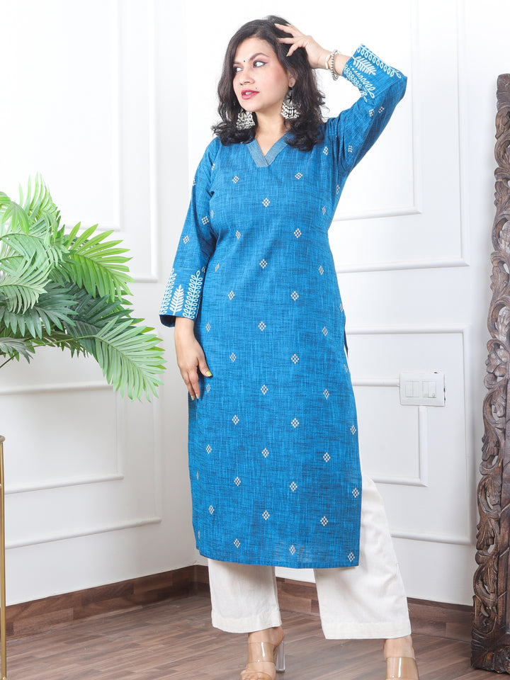 चांदनी Ceurlean Teal V Neck with Thread Buti Work Cotton Kurti