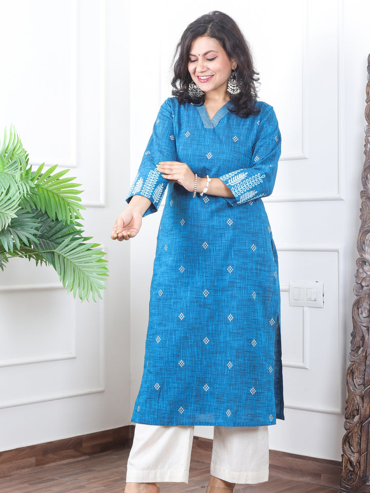 चांदनी Ceurlean Teal V Neck with Thread Buti Work Cotton Kurti