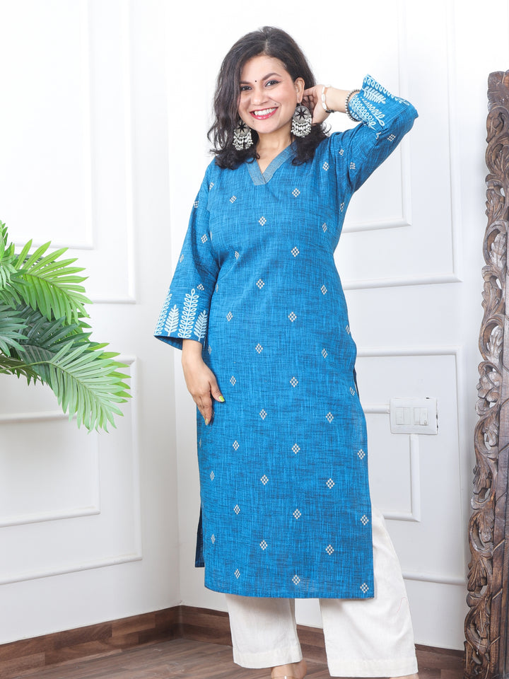 चांदनी Ceurlean Teal V Neck with Thread Buti Work Cotton Kurti