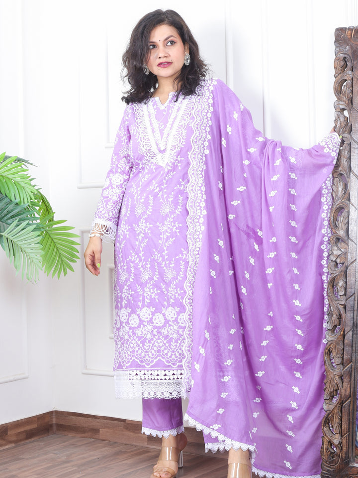 Subhranti Tulip Lilac Lace Neck Work in All Over Thread Work Cotton 3 Piece Set