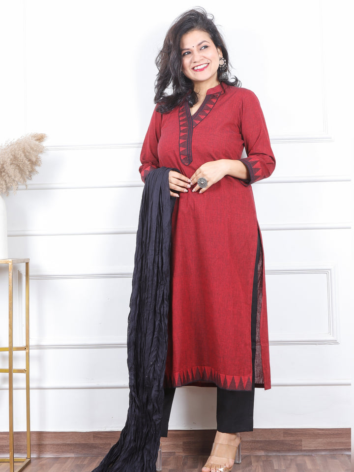 Iktaara  Cherry Red Temple Hem Lace Neck in South Cotton 3 Piece Set