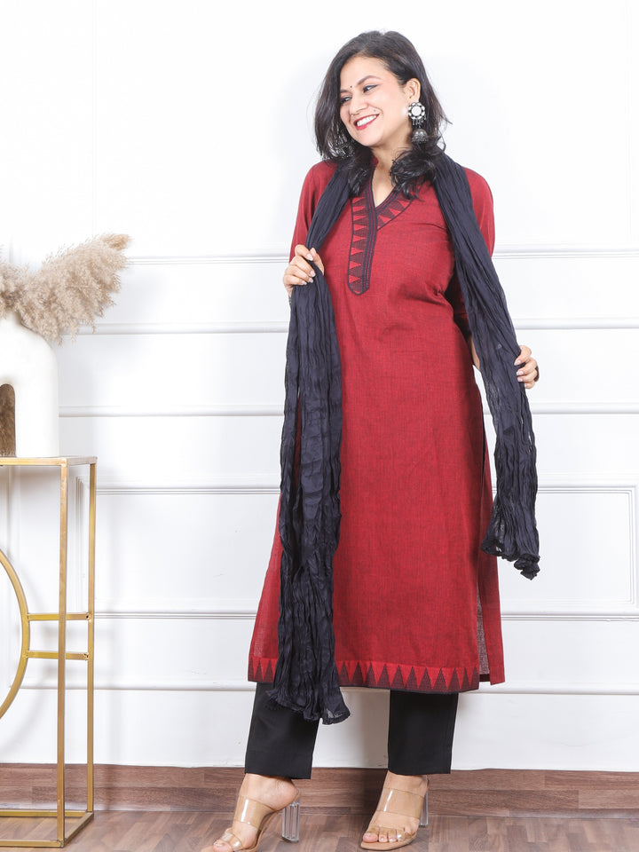 Iktaara  Cherry Red Temple Hem Lace Neck in South Cotton 3 Piece Set