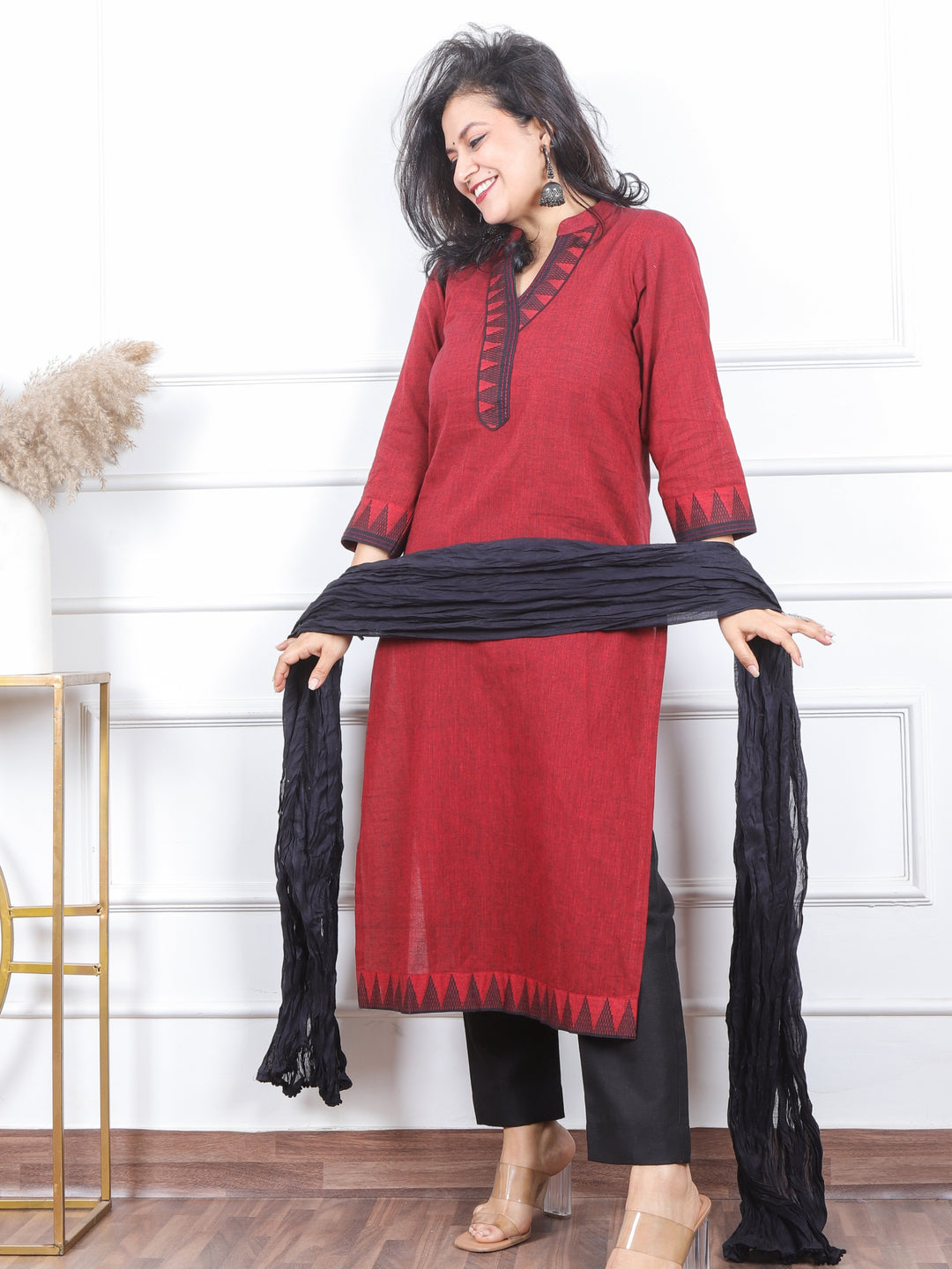 Iktaara  Cherry Red Temple Hem Lace Neck in South Cotton 3 Piece Set