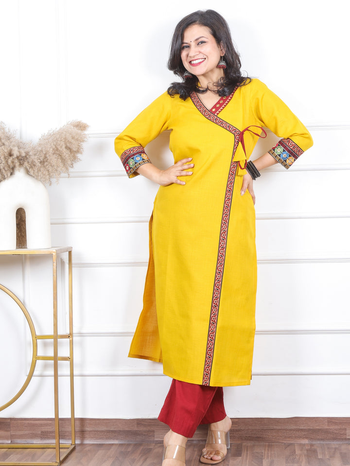 Raavi Beetle Yellow Angrakha Style Long Neck Lace Work Magic Linen Kurti