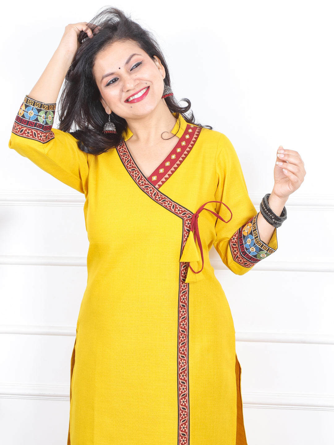 Raavi Beetle Yellow Angrakha Style Long Neck Lace Work Magic Linen Kurti