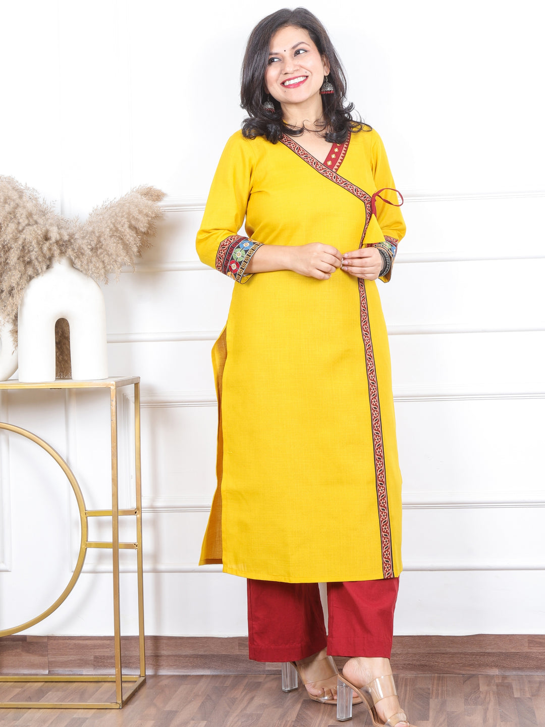 Raavi Beetle Yellow Angrakha Style Long Neck Lace Work Magic Linen Kurti