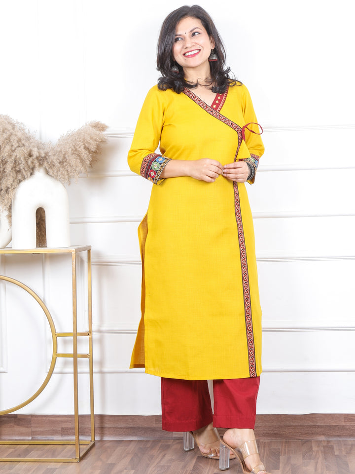 Raavi Beetle Yellow Angrakha Style Long Neck Lace Work Magic Linen Kurti