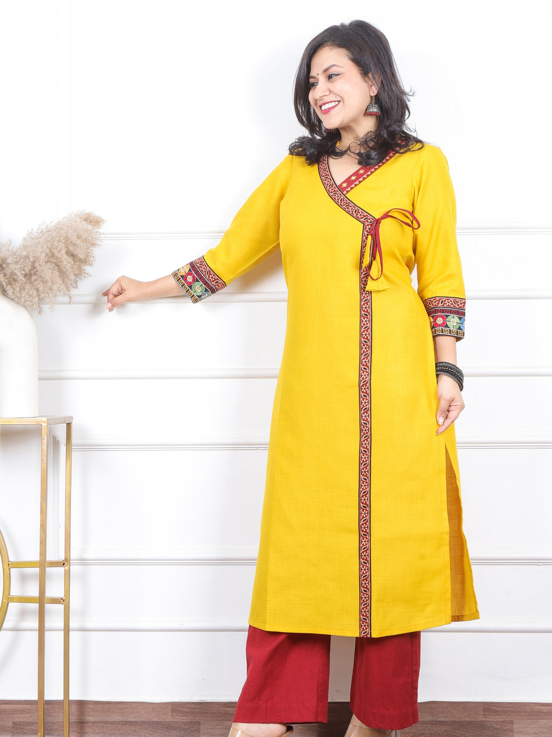 Raavi Beetle Yellow Angrakha Style Long Neck Lace Work Magic Linen Kurti