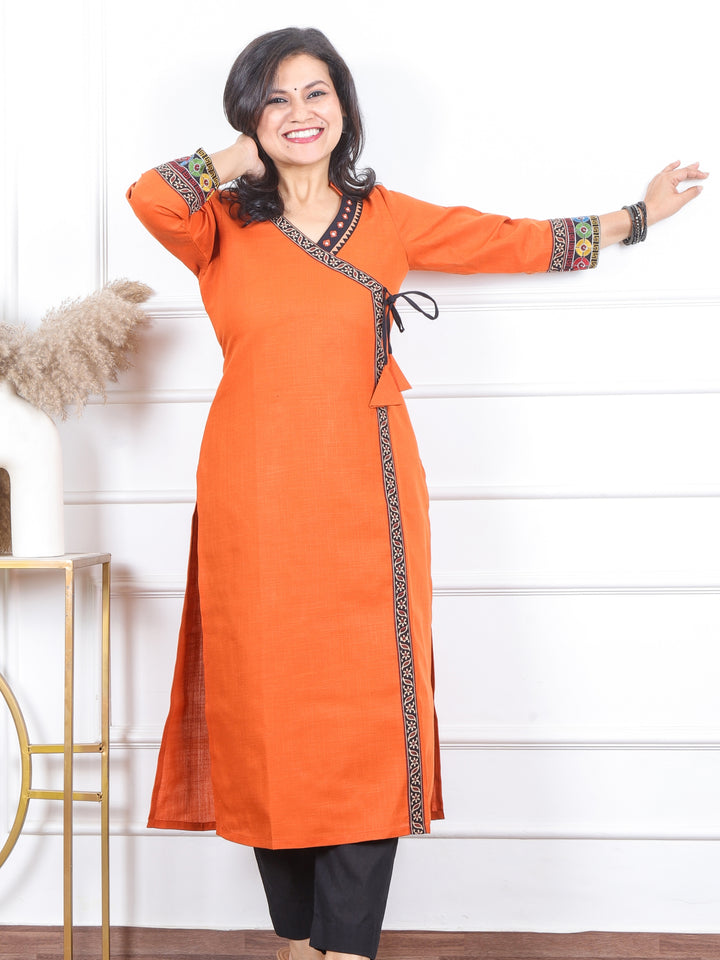 Raavi Pumpkin Rust Angrakha Style Long Neck Lace Work Magic Linen Kurti