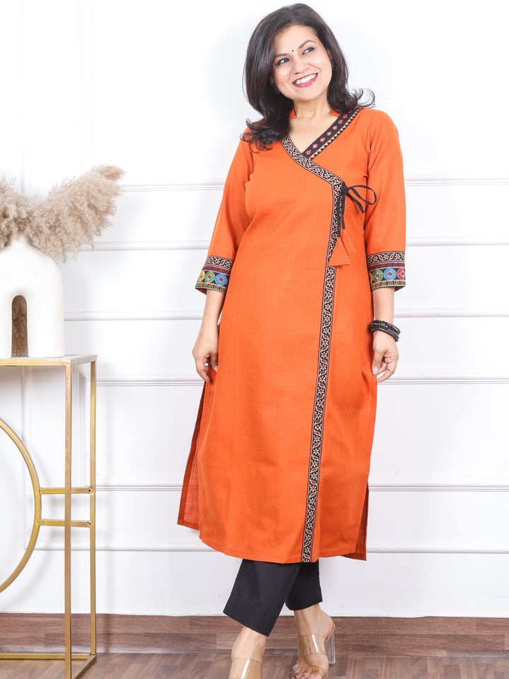 Raavi Pumpkin Rust Angrakha Style Long Neck Lace Work Magic Linen Kurti