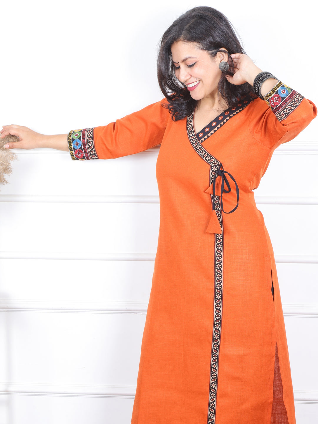 Raavi Pumpkin Rust Angrakha Style Long Neck Lace Work Magic Linen Kurti