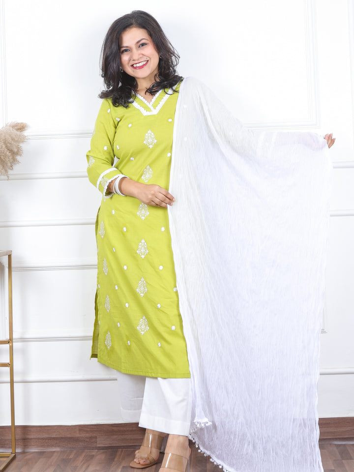 Roop Pearl White Plain Chiffon Dupatta with Lace Work on Hem