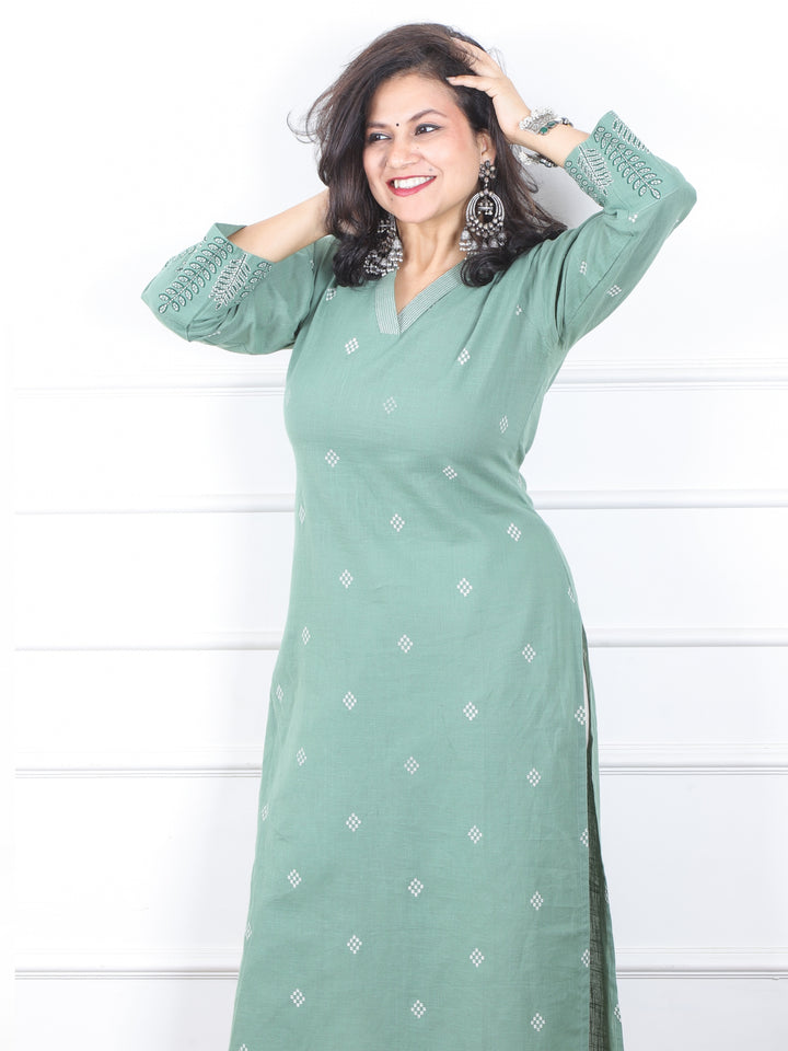 चांदनी Laurel Green V Neck with Thread Buti Work Cotton Kurti