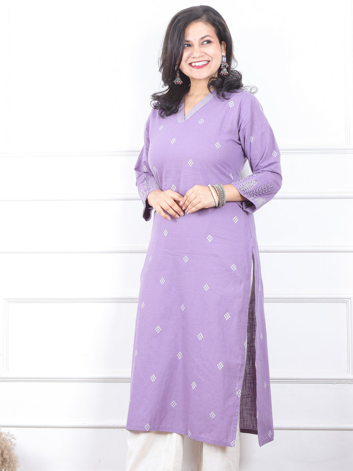 चांदनी Tulip Lilac V Neck with Thread Buti Work Cotton Kurti