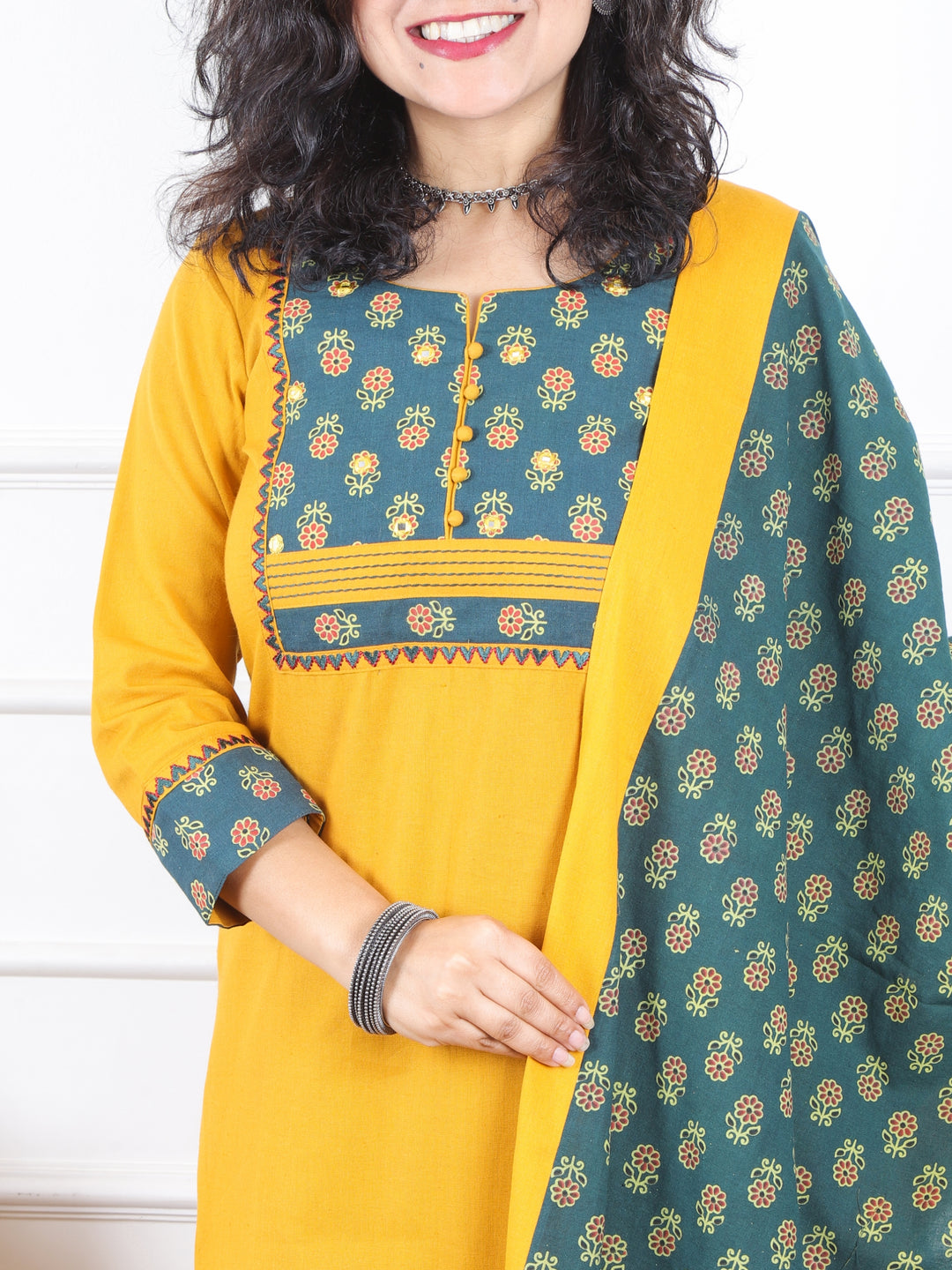 Shaniya Turmeric Yellow Ajrak Printed Patch Neck Cotton Flex 3 Piece Set