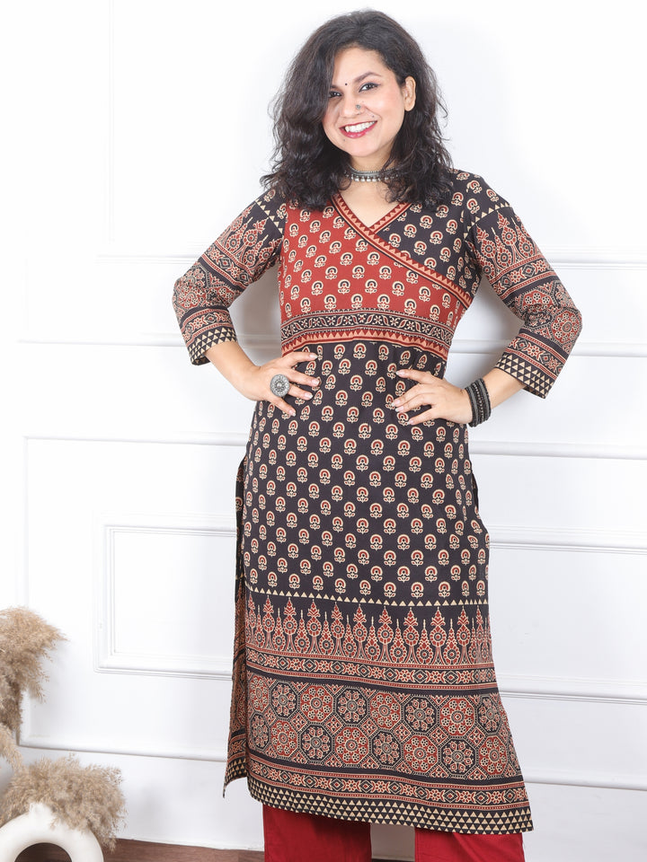 Shaniya Rouge Black Angrakha Neck Style Ajrak Printed Cotton Kurti