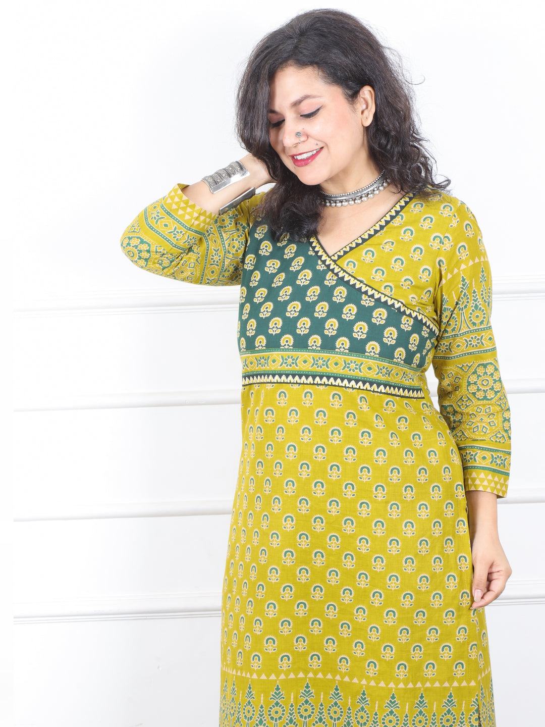 Shaniya Lemon Yellow Angrakha Neck Style Ajrak Printed Cotton Kurti