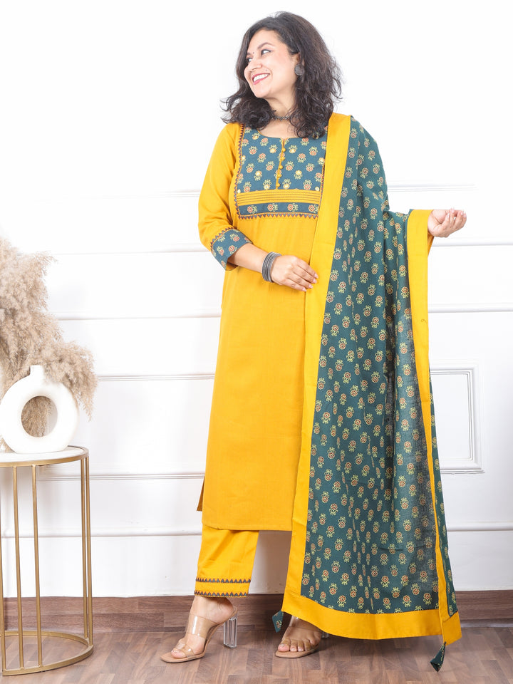 Shaniya Turmeric Yellow Ajrak Printed Patch Neck Cotton Flex 3 Piece Set