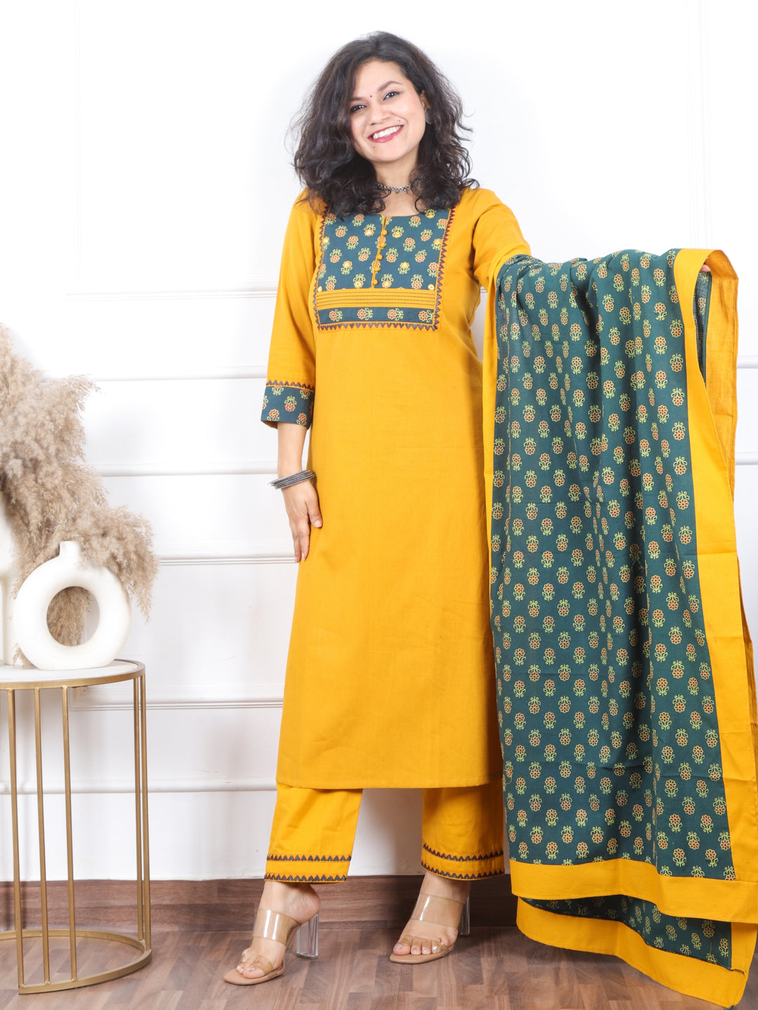 Shaniya Turmeric Yellow Ajrak Printed Patch Neck Cotton Flex 3 Piece Set