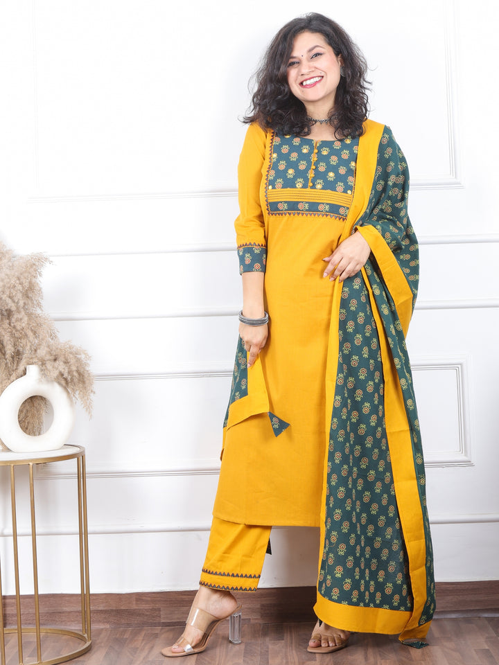 Shaniya Turmeric Yellow Ajrak Printed Patch Neck Cotton Flex 3 Piece Set