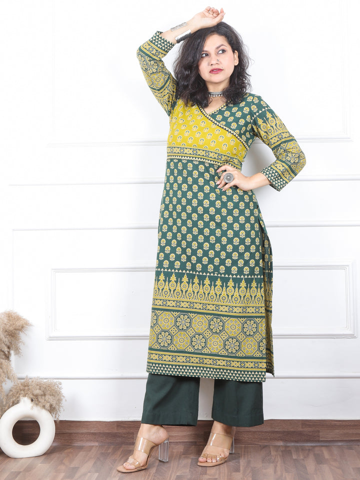 Shaniya Bottle Emerald Angrakha Neck Style Ajrak Printed Cotton Kurti