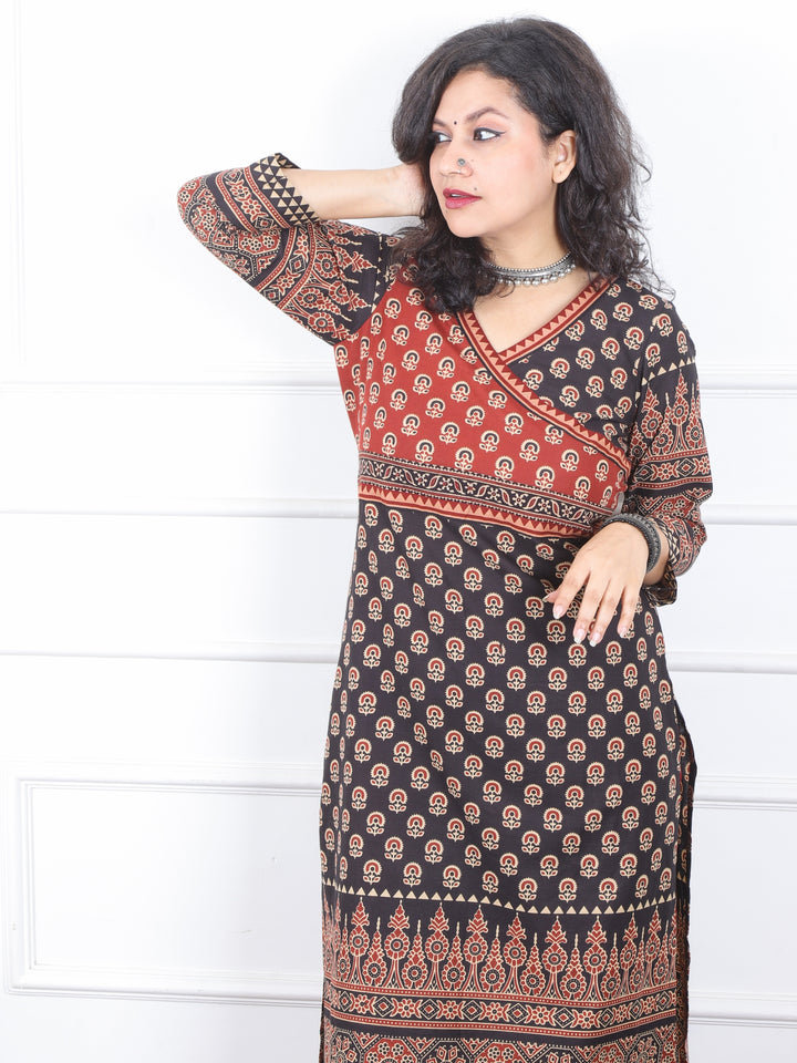 Shaniya Rouge Black Angrakha Neck Style Ajrak Printed Cotton Kurti