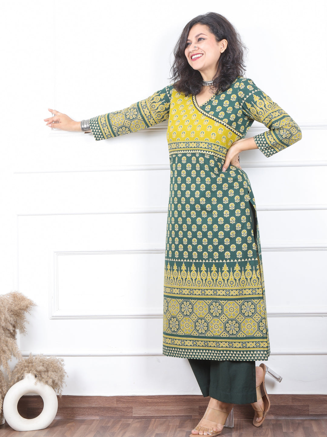 Shaniya Bottle Emerald Angrakha Neck Style Ajrak Printed Cotton Kurti