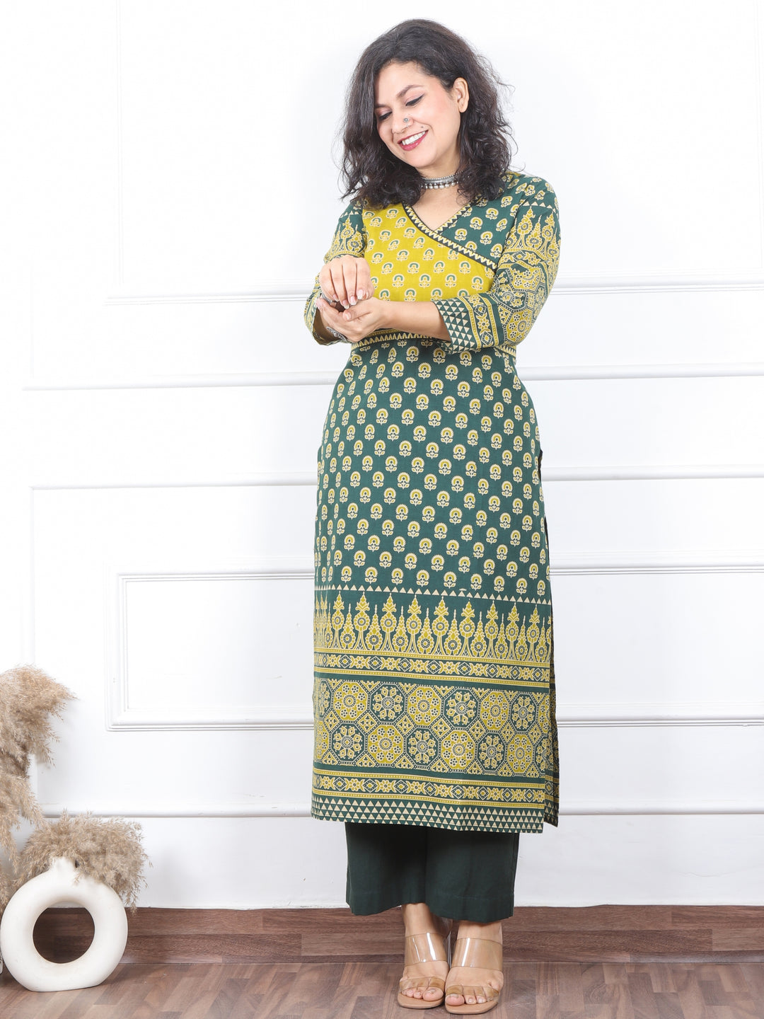 Shaniya Bottle Emerald Angrakha Neck Style Ajrak Printed Cotton Kurti