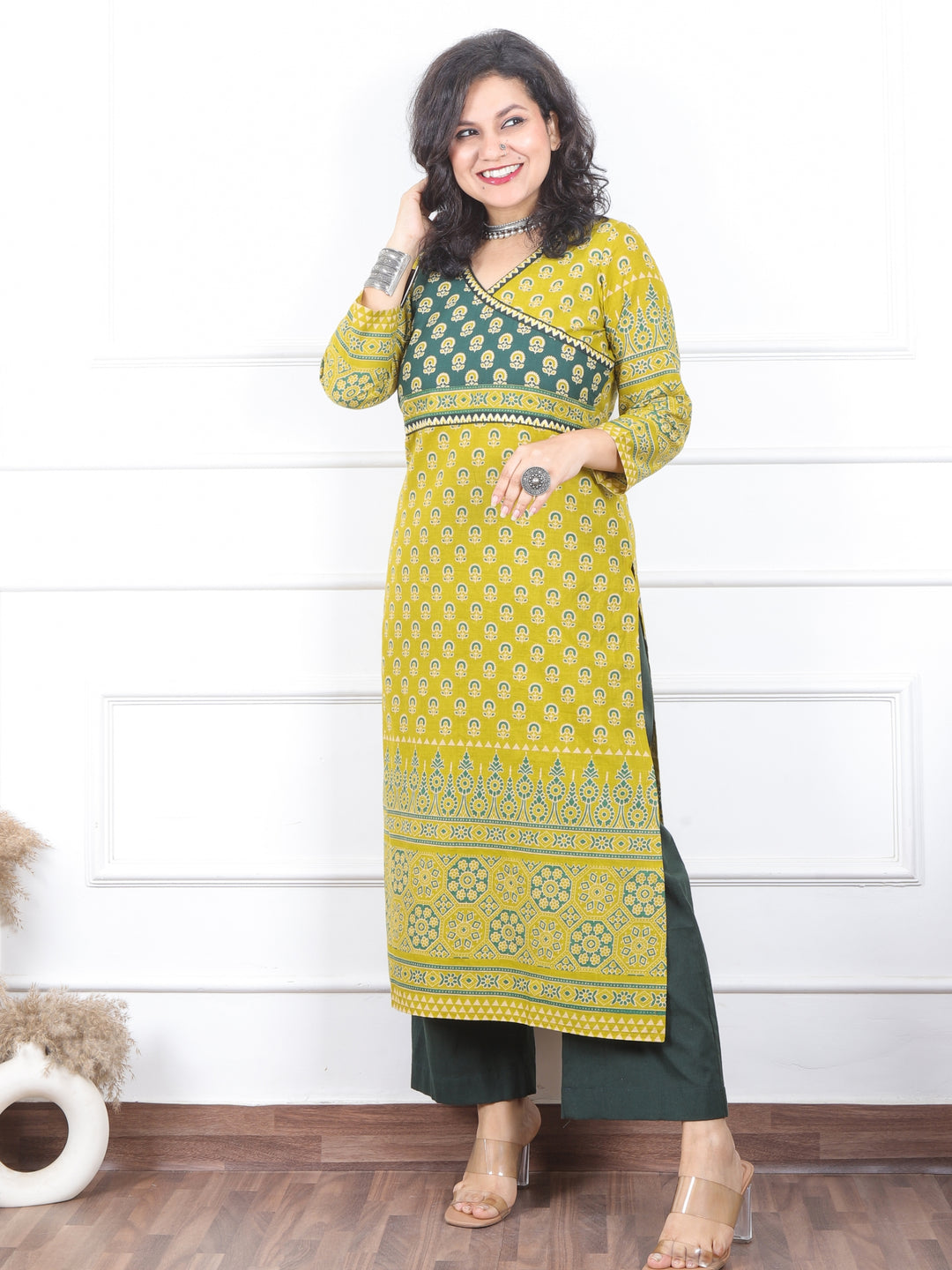 Shaniya Lemon Yellow Angrakha Neck Style Ajrak Printed Cotton Kurti