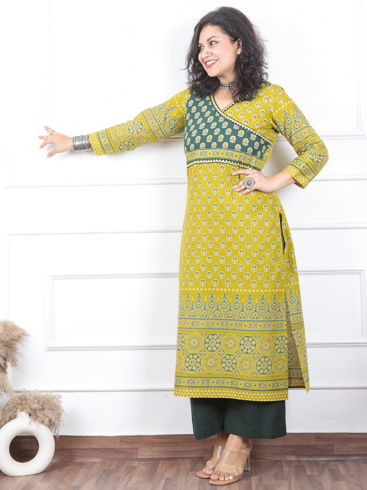 Shaniya Lemon Yellow Angrakha Neck Style Ajrak Printed Cotton Kurti