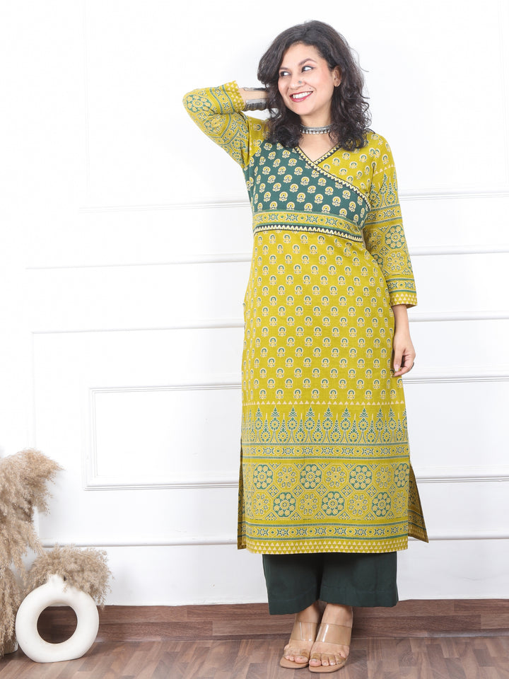 Shaniya Lemon Yellow Angrakha Neck Style Ajrak Printed Cotton Kurti