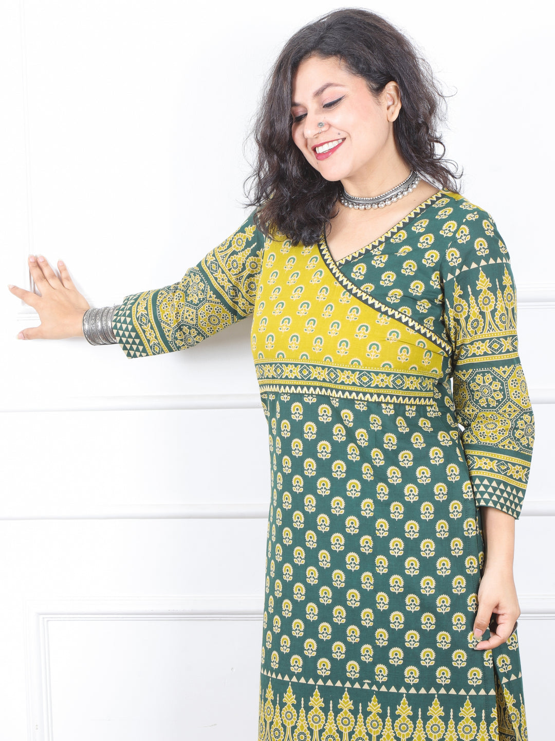 Shaniya Bottle Emerald Angrakha Neck Style Ajrak Printed Cotton Kurti