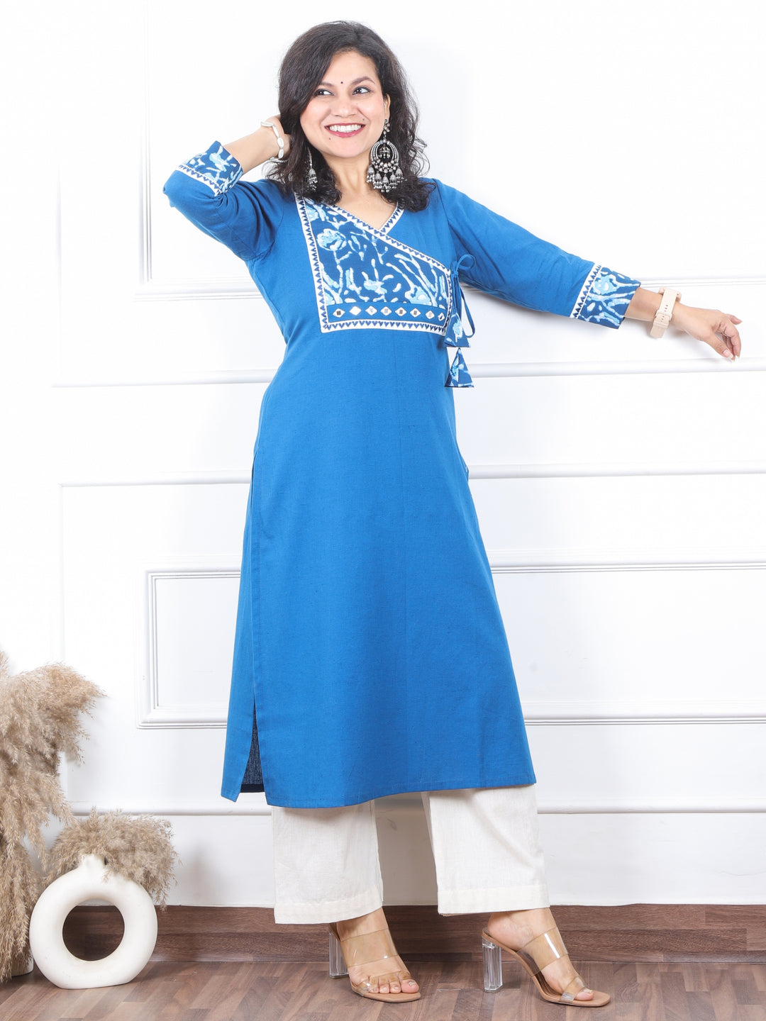 Shaniya Caribbean Blue Dabu Print Angrakha Neck Patch Work Cotton Kurti