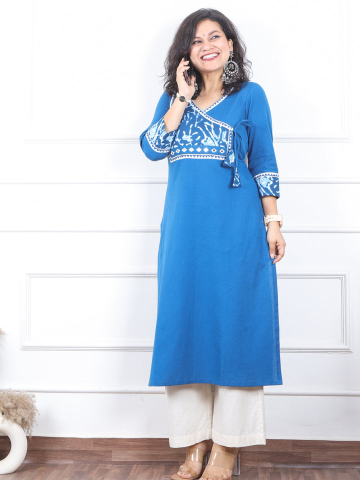 Shaniya Caribbean Blue Dabu Print Angrakha Neck Patch Work Cotton Kurti