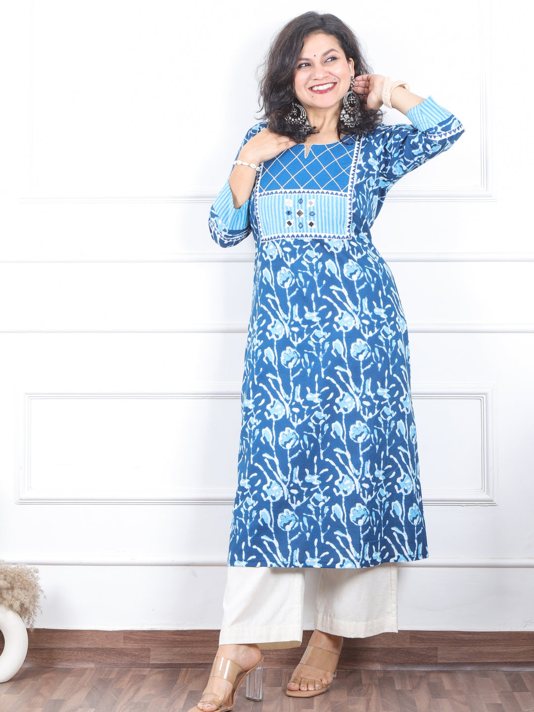 Shaniya Caribbean Blue Mirror Patch Work in Dabu Printed Cotton Kurti-D2