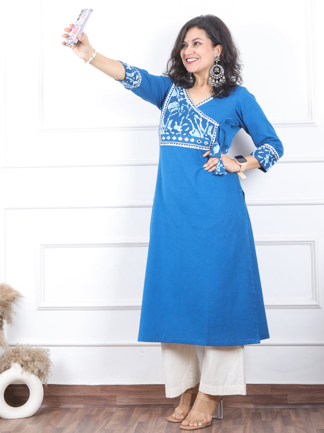 Shaniya Caribbean Blue Dabu Print Angrakha Neck Patch Work Cotton Kurti