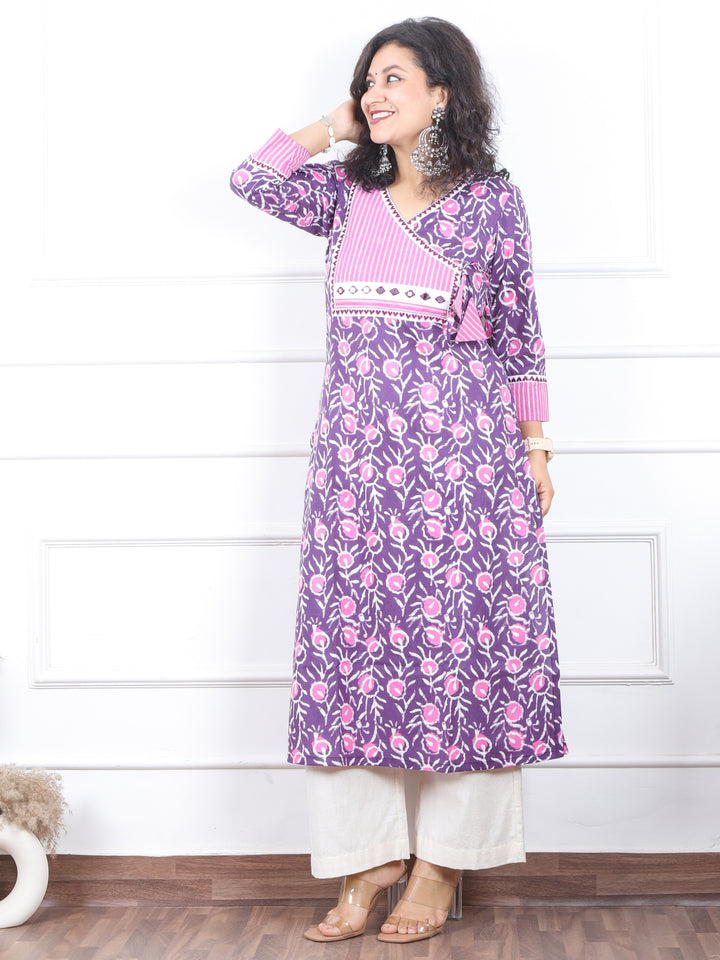 Shaniya Lavish Purple Dabu Print Angrakha Neck with Mirror Work Cotton Kurti