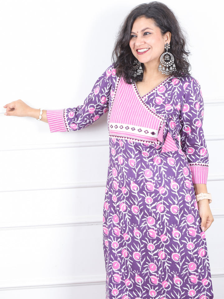 Shaniya Lavish Purple Dabu Print Angrakha Neck with Mirror Work Cotton Kurti