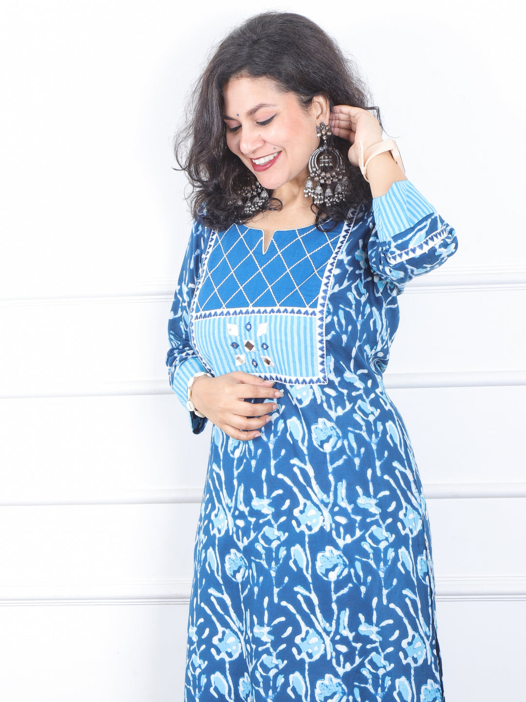 Shaniya Caribbean Blue Mirror Patch Work in Dabu Printed Cotton Kurti-D2