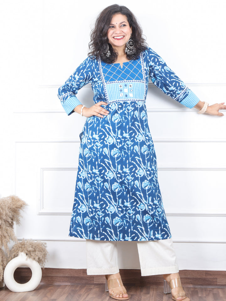 Shaniya Caribbean Blue Mirror Patch Work in Dabu Printed Cotton Kurti-D2