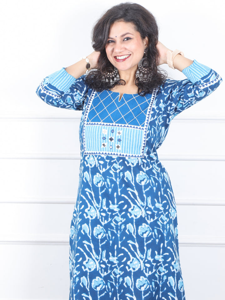 Shaniya Caribbean Blue Mirror Patch Work in Dabu Printed Cotton Kurti-D2