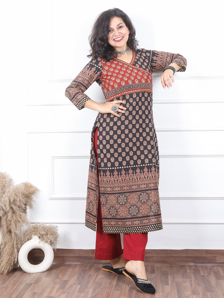 Shaniya Rouge Black Angrakha Neck Style Ajrak Printed Cotton Kurti