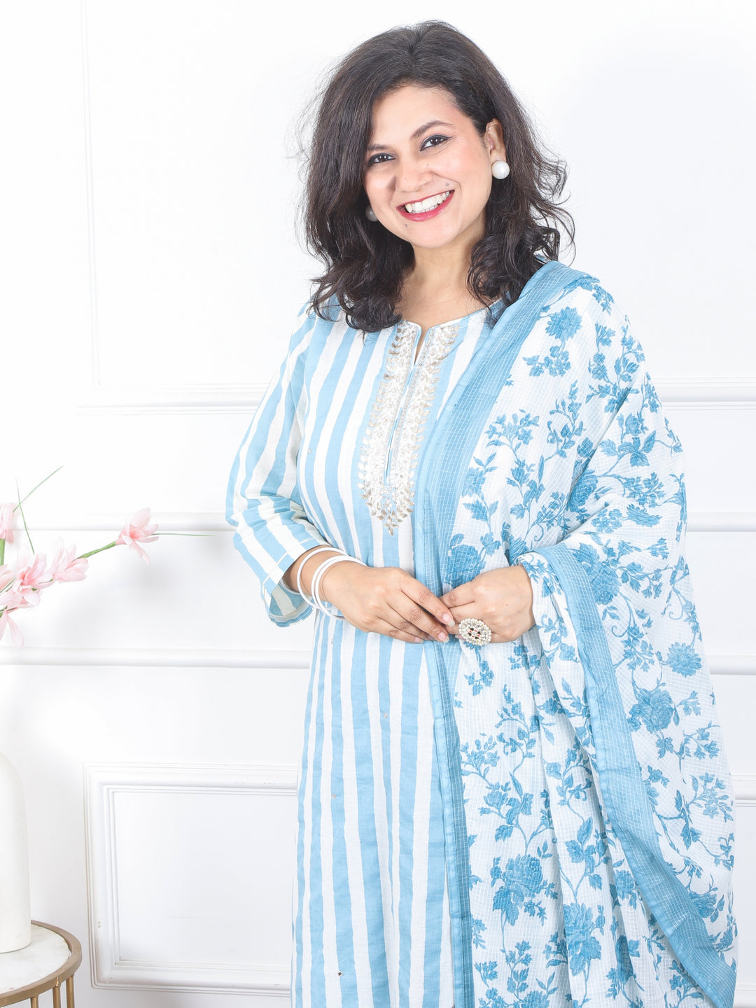 Subh Sapphire Blue in Gota and Patra with Zari Work Stripe Print Cotton 3 Piece Set