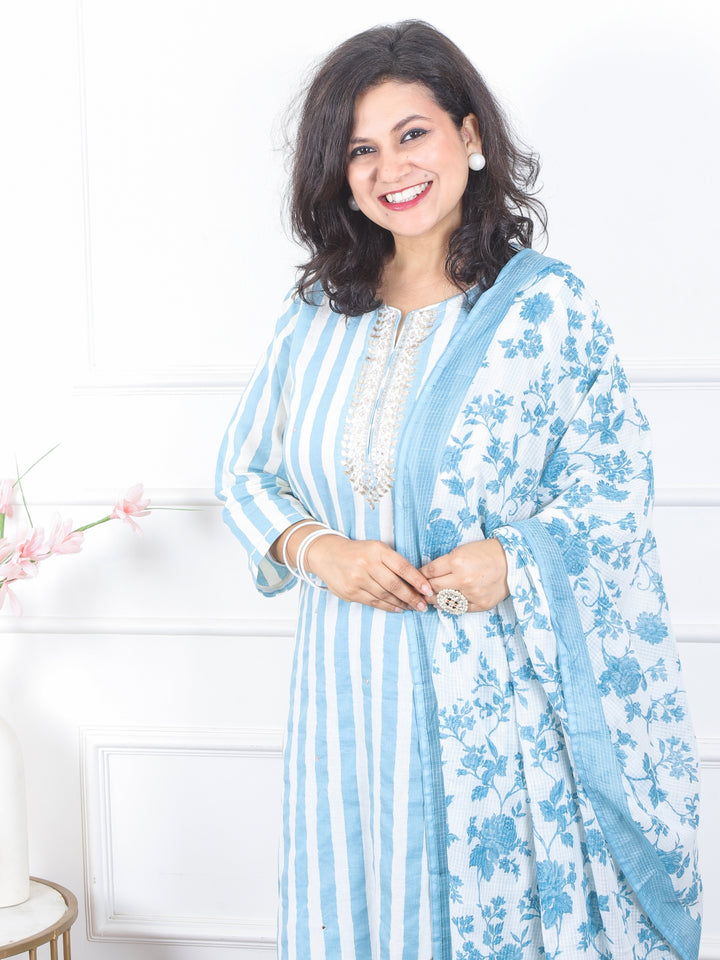 Subh Sapphire Blue in Gota and Patra with Zari Work Stripe Print Cotton 3 Piece Set